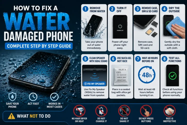 How to Fix a Water Damaged Phone – Complete Step-by-Step Guide with water removal tips, speaker fix, silica gel drying method, and phone recovery instructions.