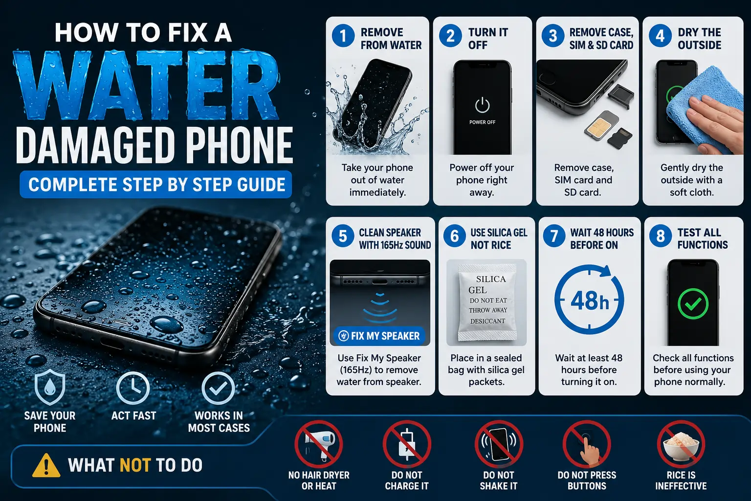 How to Fix a Water Damaged Phone – Complete Step-by-Step Guide with water removal tips, speaker fix, silica gel drying method, and phone recovery instructions.