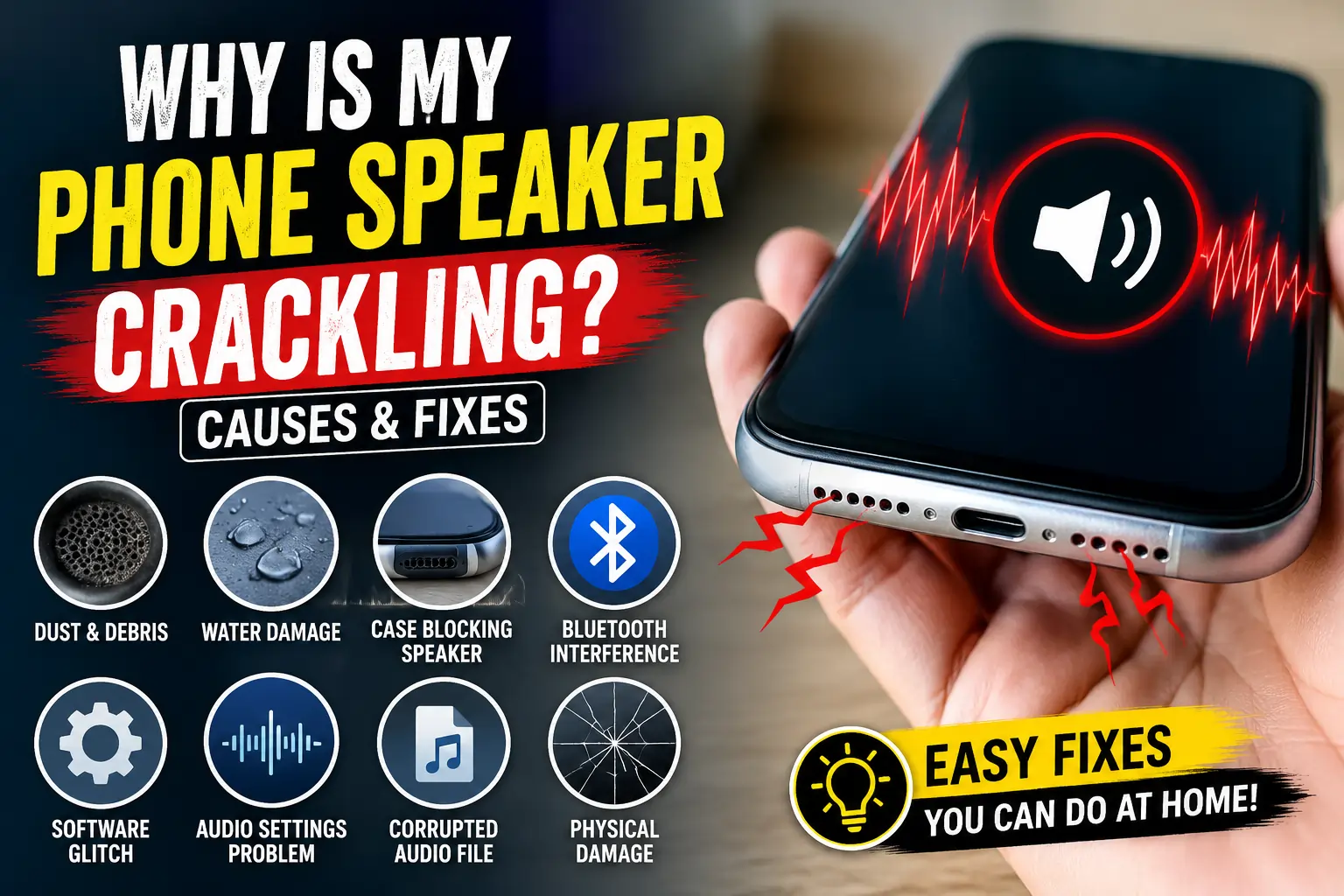 Why is my phone speaker crackling? Phone showing distorted speaker sound with common causes including dust, water damage, software glitches, Bluetooth issues, and easy DIY fixes.