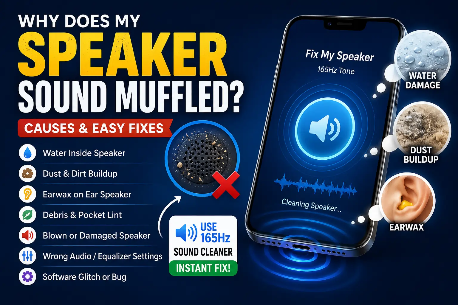 Why does my speaker sound muffled? Illustration showing common causes like water, dust, earwax, and easy phone speaker fixes.